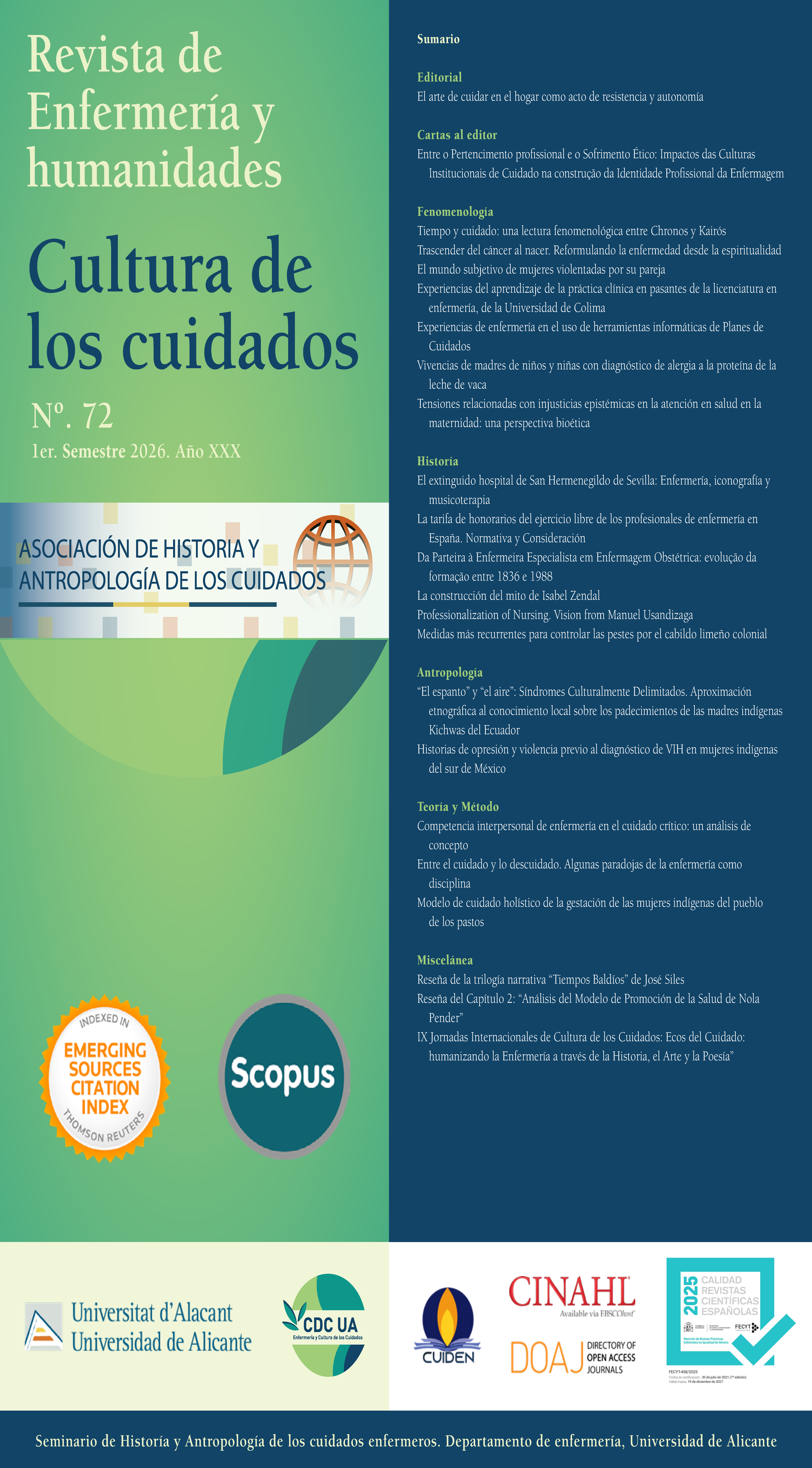 					Ver Núm. 72 (2026): Cultura de los Cuidados, 2026, año XXX, 72
				